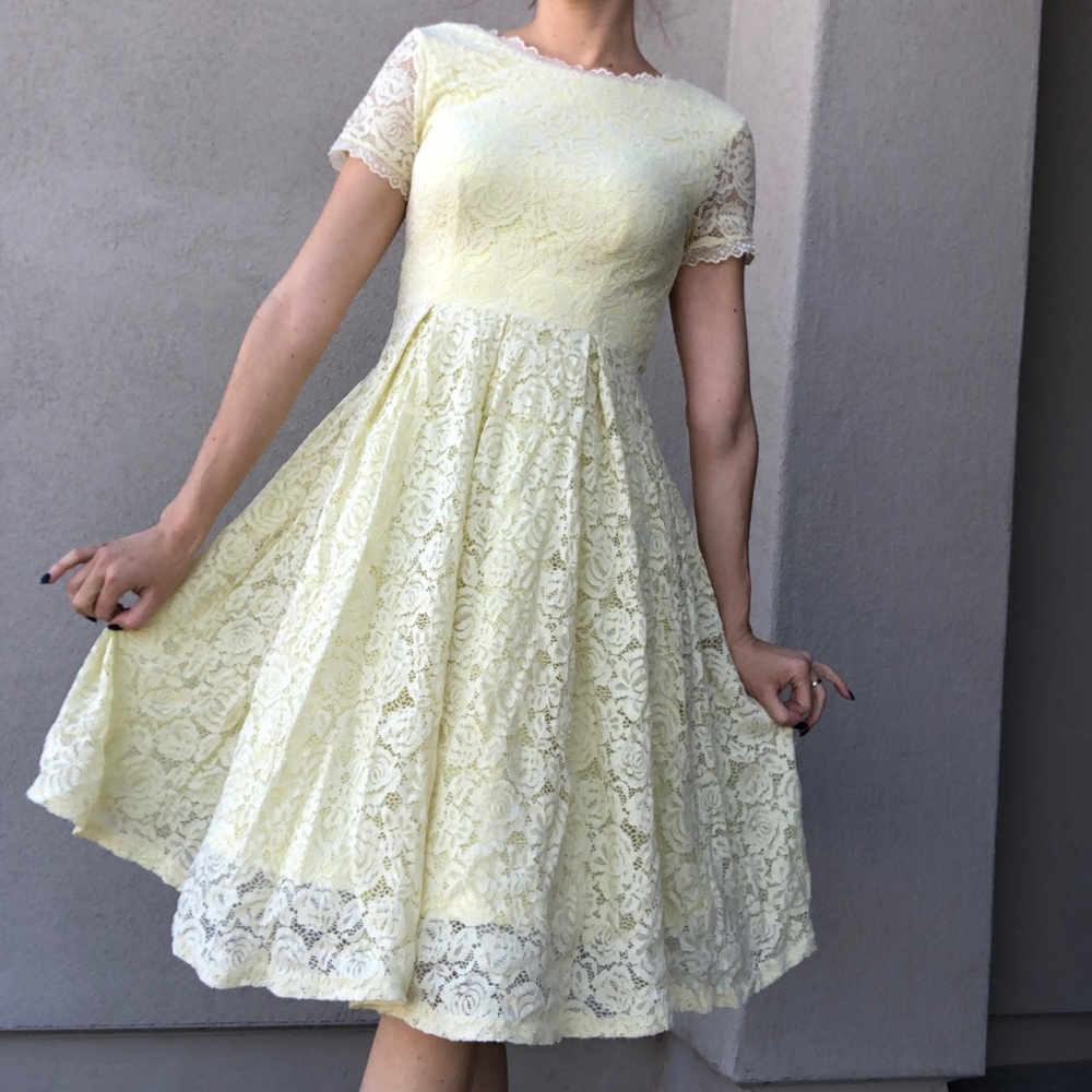 1950s style yellow lace vintage swing dress - Picture 1 of 10